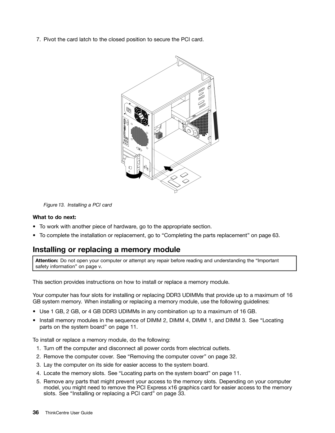 Lenovo 268, 7517, 5069, 5048, 5034, 5030, 5037, 4166, 4169, 1730 Installing or replacing a memory module, Installing a PCI card 