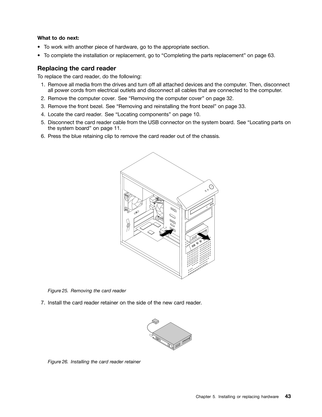 Lenovo 5037, 7517, 5069, 5048, 5034, 5030, 4166, 4169, 268, 1730 manual Replacing the card reader, Removing the card reader 