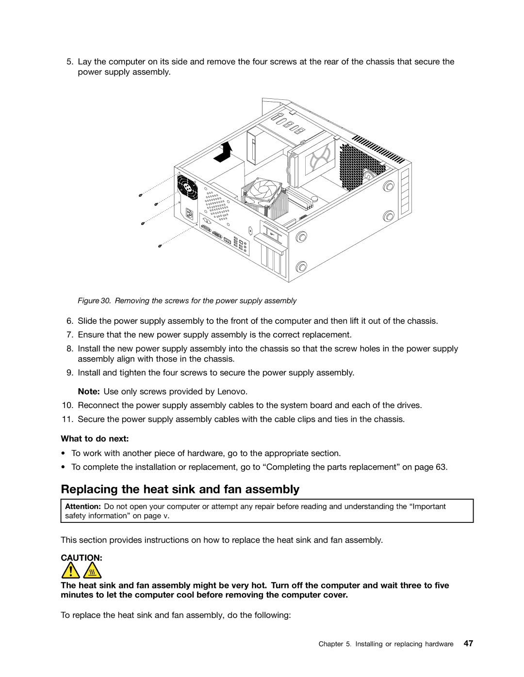 Lenovo 1730, 7517, 5069, 5048 Replacing the heat sink and fan assembly, Removing the screws for the power supply assembly 