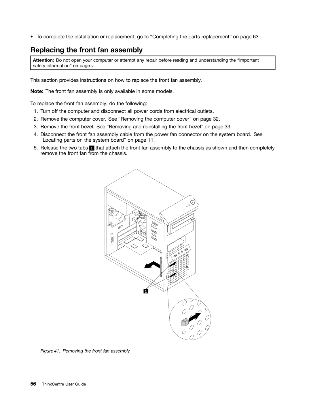 Lenovo 268, 7517, 5069, 5048, 5034, 5030, 5037, 4166, 4169, 1730 Replacing the front fan assembly, Removing the front fan assembly 