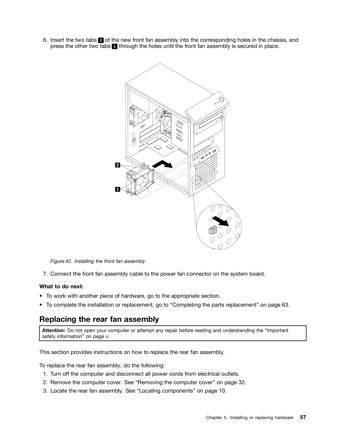 Lenovo 1730, 7517, 5069, 5048, 5034, 5030, 5037, 4166, 4169 Replacing the rear fan assembly, Installing the front fan assembly 