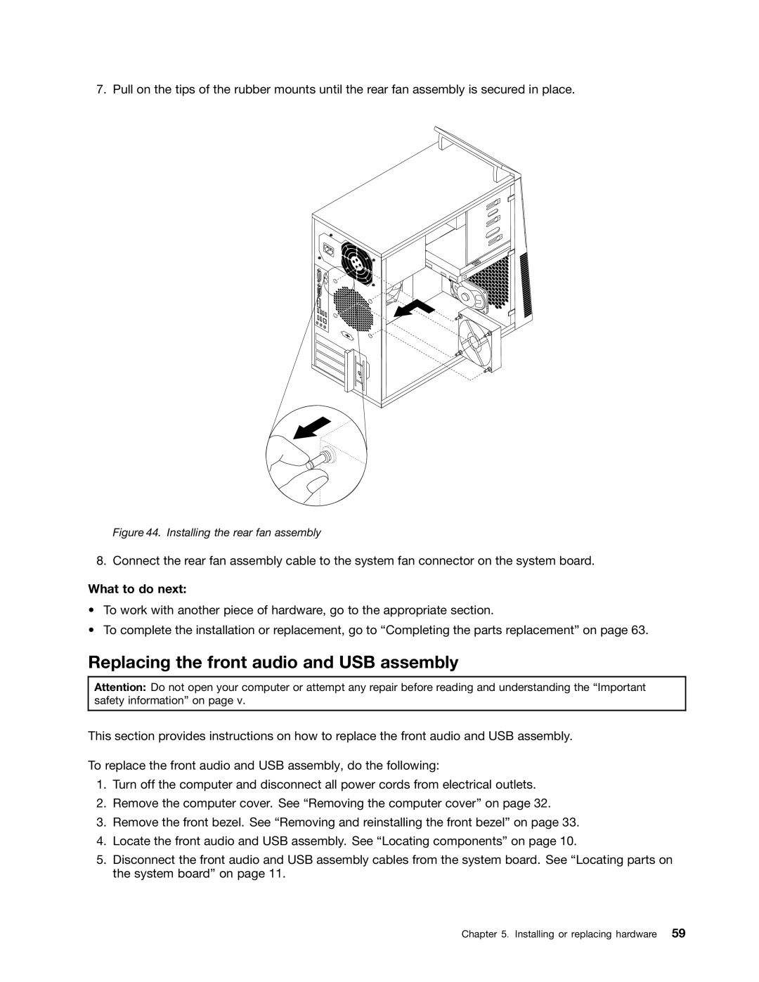 Lenovo 5069, 7517, 5048, 5034, 5030, 5037, 4166 Replacing the front audio and USB assembly, Installing the rear fan assembly 