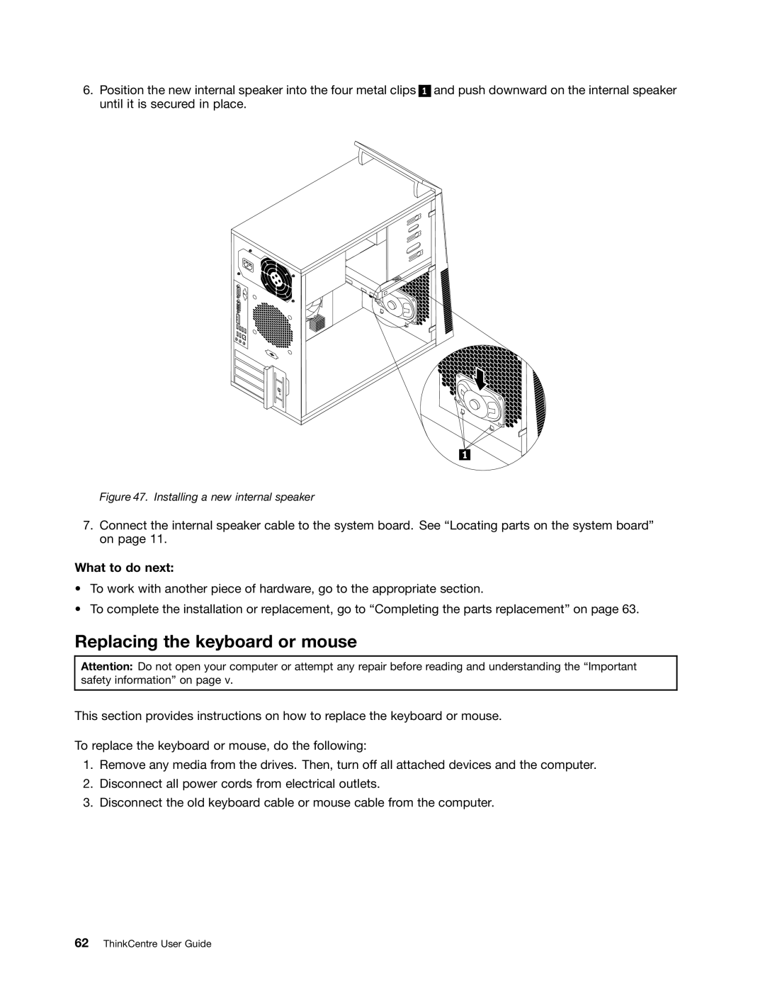 Lenovo 5030, 7517, 5069, 5048, 5034, 5037, 4166, 4169, 268 Replacing the keyboard or mouse, Installing a new internal speaker 