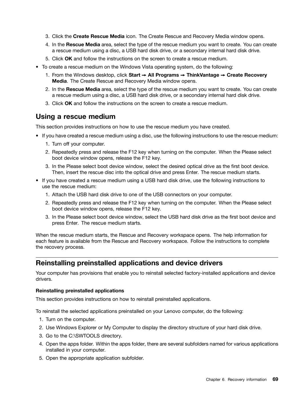 Lenovo 5069, 7517, 5048, 5034, 5030, 5037, 268 Using a rescue medium, Reinstalling preinstalled applications and device drivers 