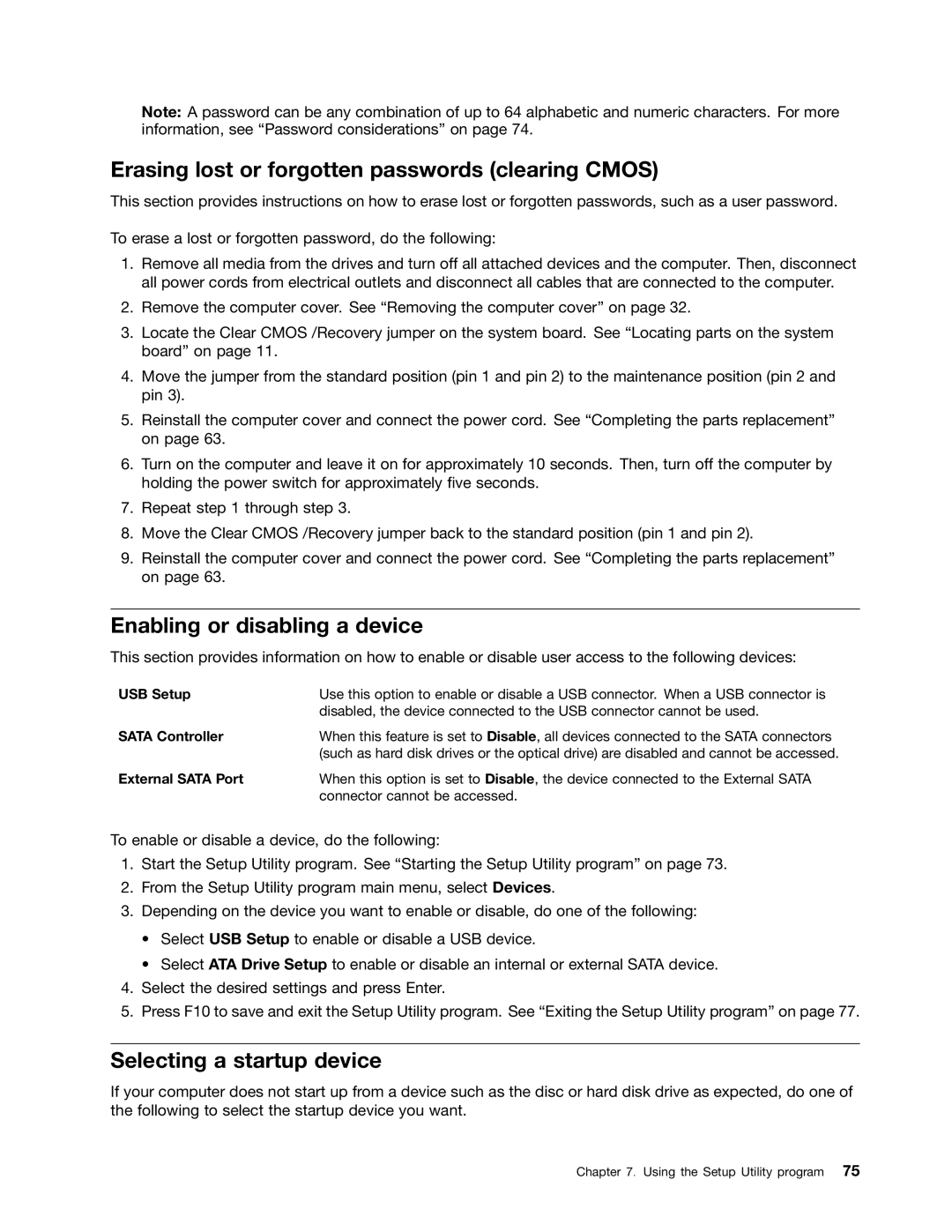 Lenovo 4169 Erasing lost or forgotten passwords clearing Cmos, Enabling or disabling a device, Selecting a startup device 