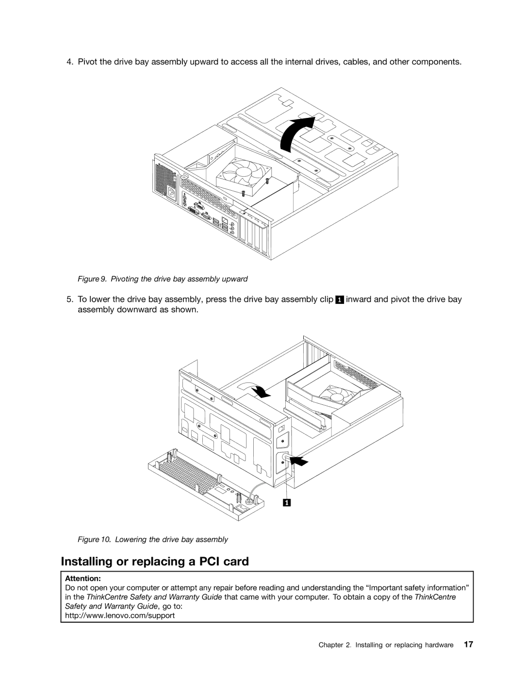 Lenovo 104, 7548, 7539, 154 manual Installing or replacing a PCI card, Pivoting the drive bay assembly upward 