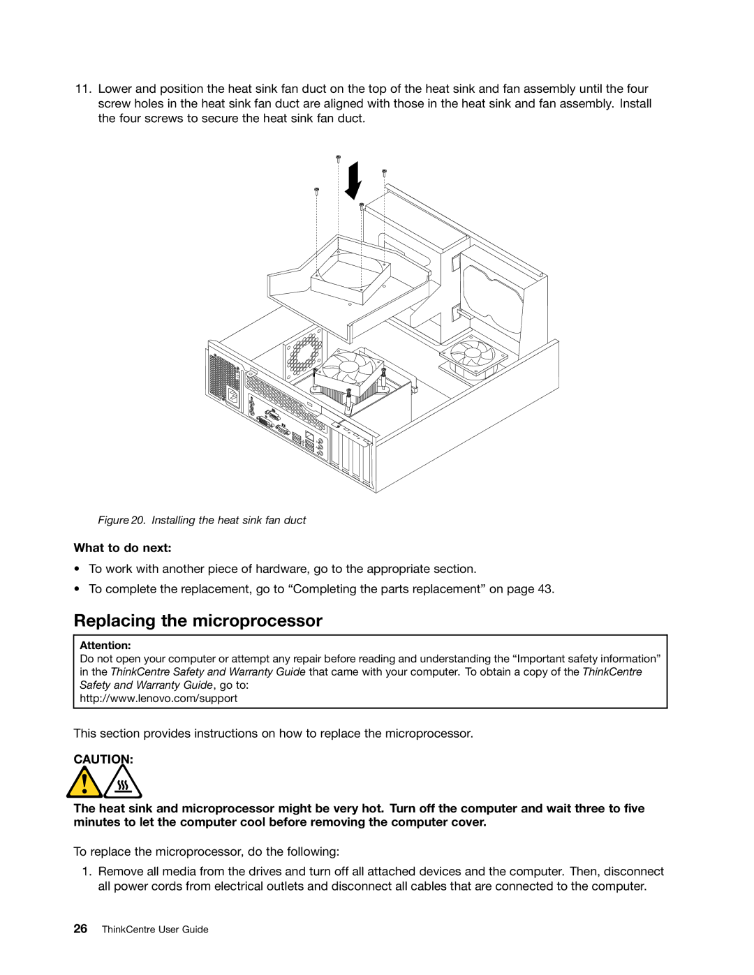 Lenovo 7539, 7548, 104, 154 manual Replacing the microprocessor, Installing the heat sink fan duct 