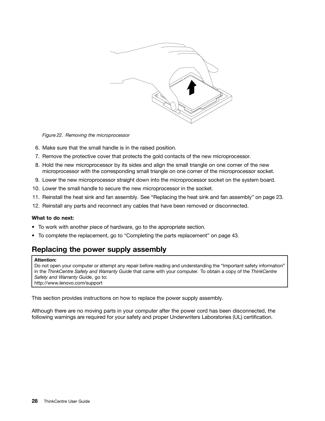 Lenovo 7548, 104, 7539, 154 manual Replacing the power supply assembly, Removing the microprocessor 