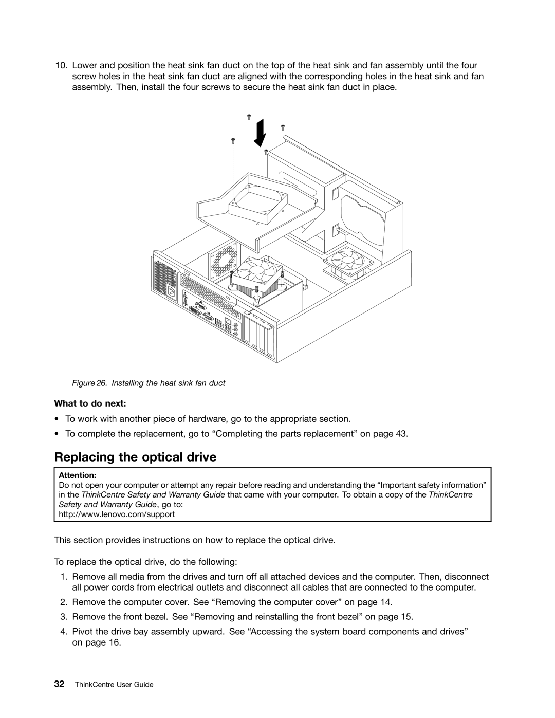 Lenovo 7548, 104, 7539, 154 manual Replacing the optical drive, Installing the heat sink fan duct 