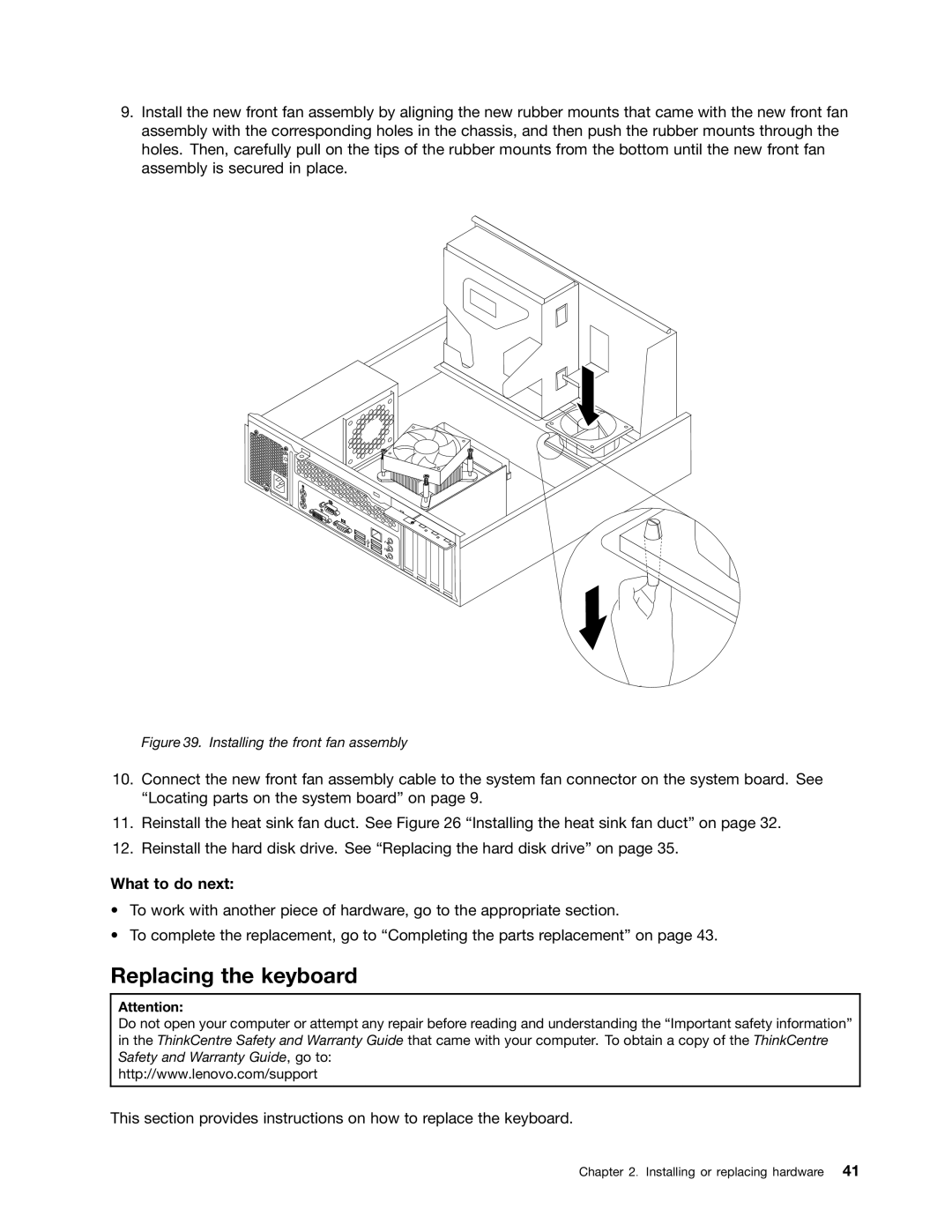 Lenovo 104, 7548, 7539, 154 manual Replacing the keyboard, Installing the front fan assembly 