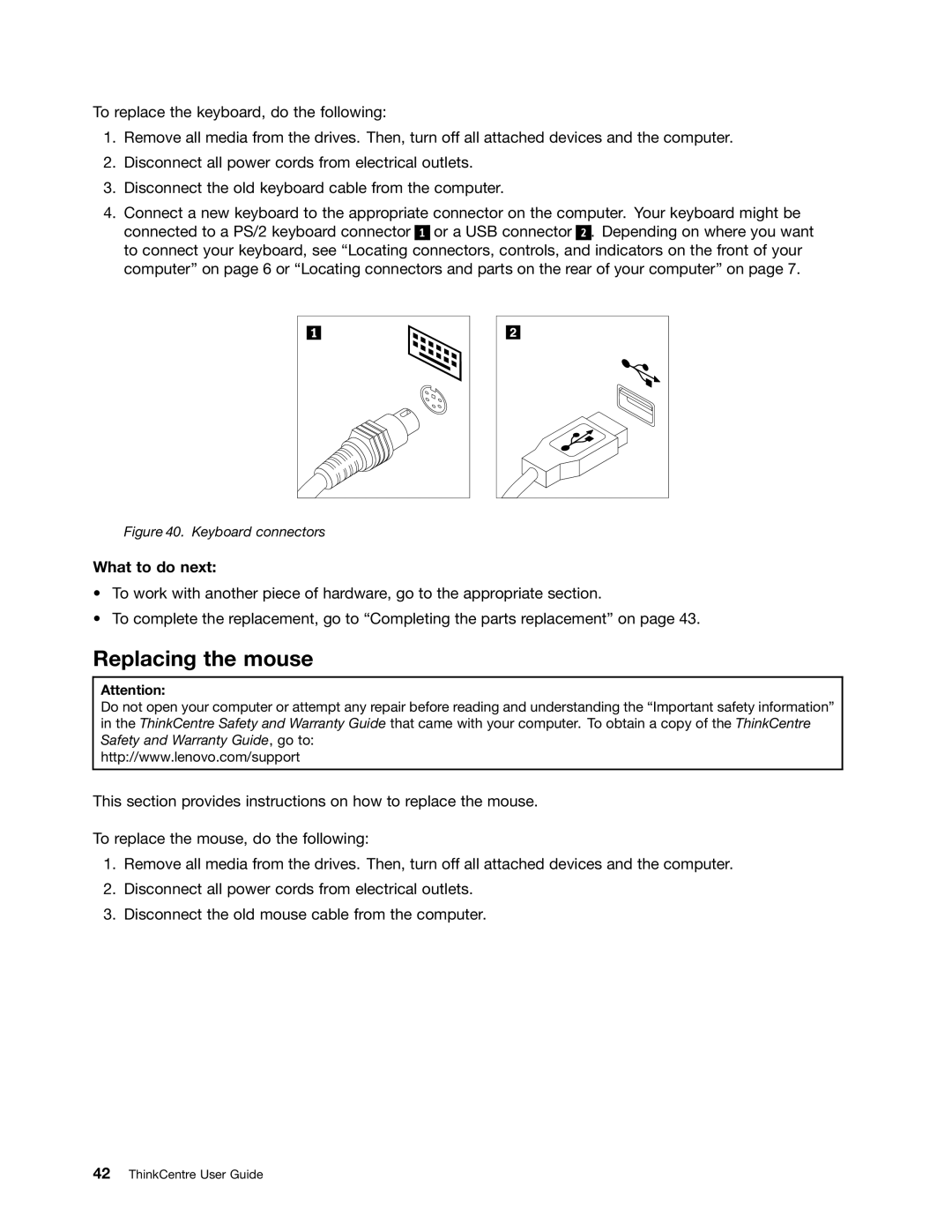 Lenovo 7539, 7548, 104, 154 manual Replacing the mouse, Keyboard connectors 