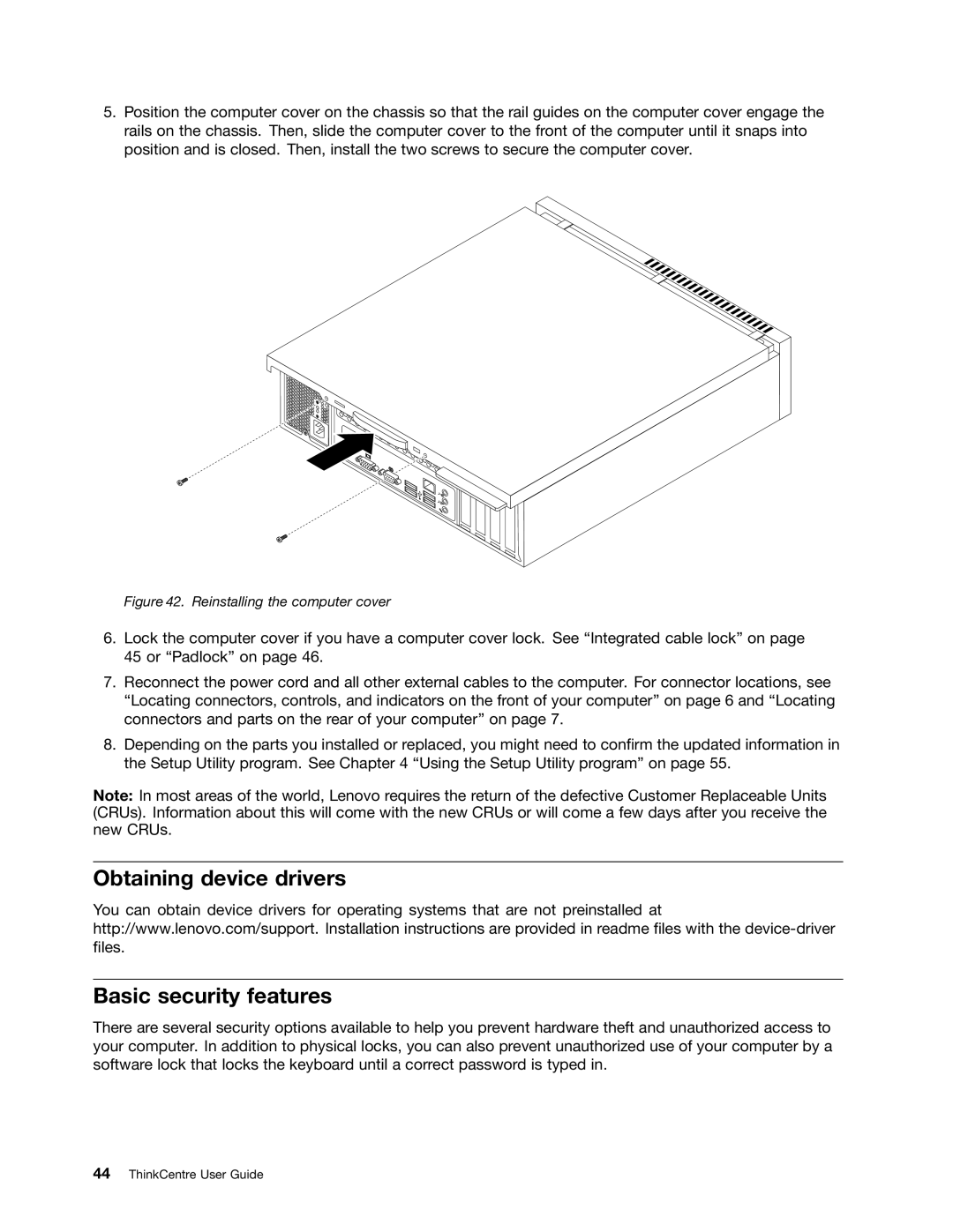 Lenovo 7548, 104, 7539, 154 manual Obtaining device drivers Basic security features, Reinstalling the computer cover 