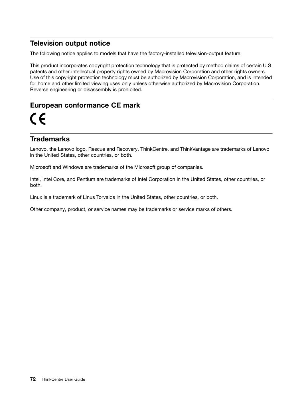 Lenovo 7548, 104, 7539, 154 manual Television output notice, European conformance CE mark Trademarks 