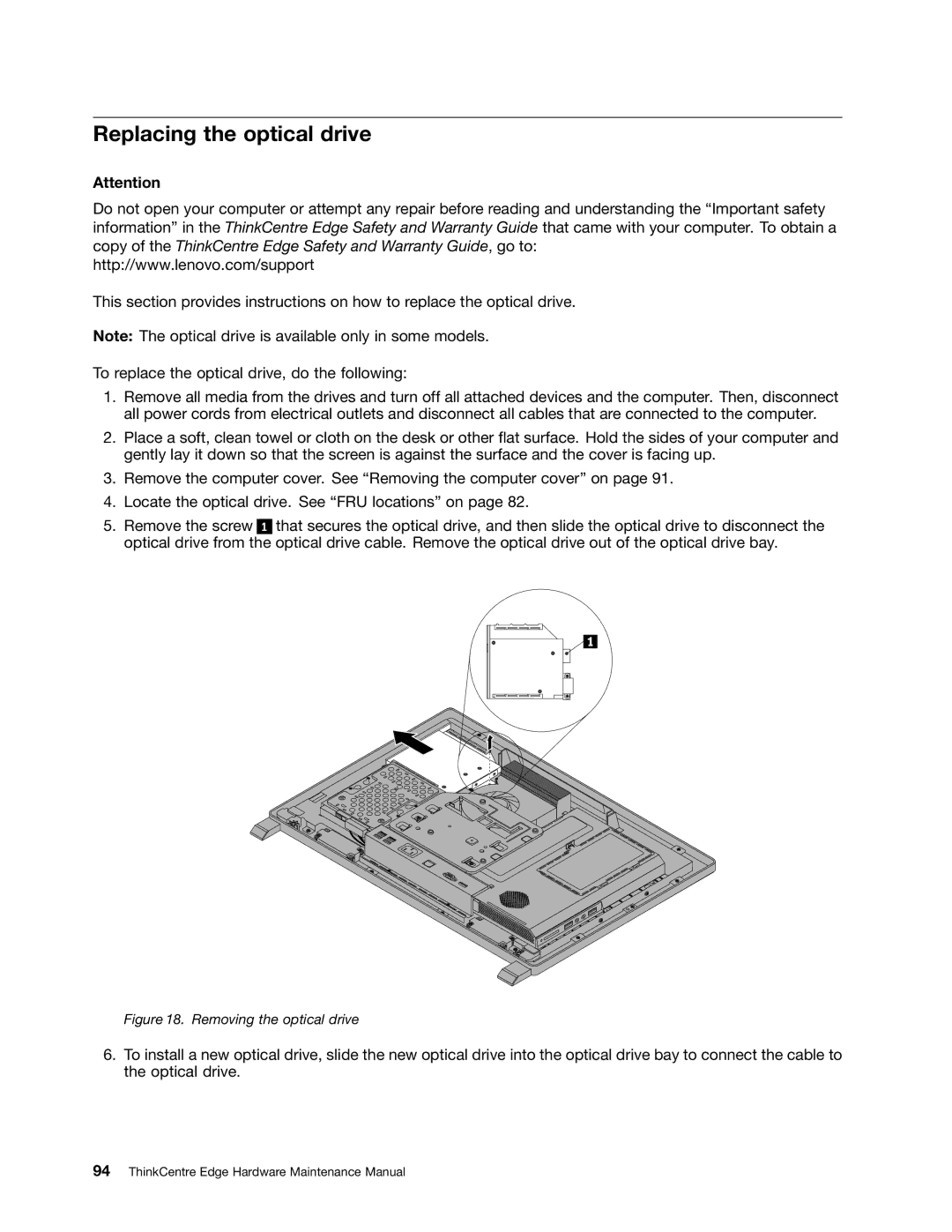 Lenovo 7558, 7567, 5068 manual Replacing the optical drive, Removing the optical drive 