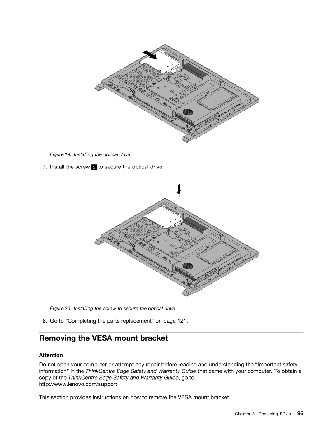 Lenovo 5068, 7567, 7558 manual Removing the Vesa mount bracket, Installing the optical drive 