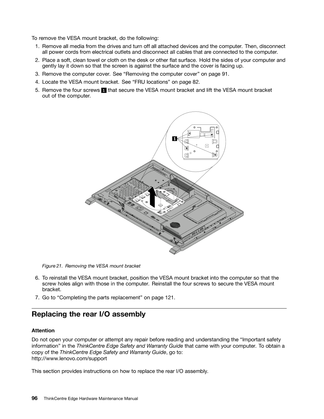 Lenovo 7567, 7558, 5068 manual Replacing the rear I/O assembly, Removing the Vesa mount bracket 