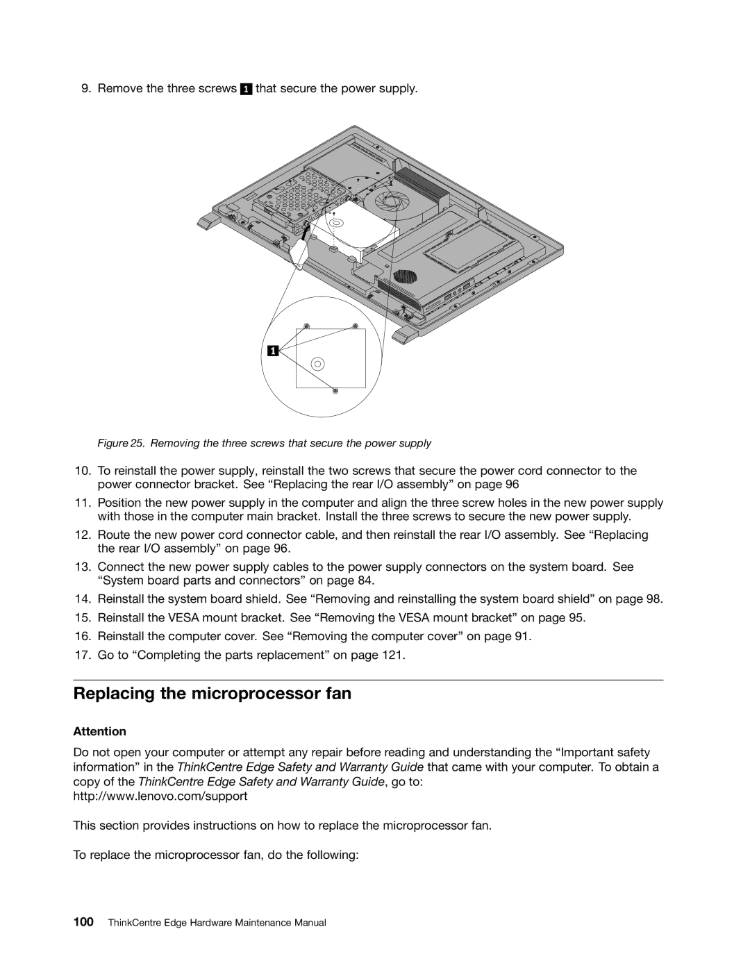 Lenovo 7558, 7567, 5068 manual Replacing the microprocessor fan, Removing the three screws that secure the power supply 