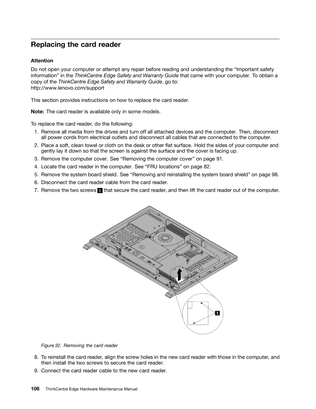 Lenovo 7558, 7567, 5068 manual Replacing the card reader, Removing the card reader 