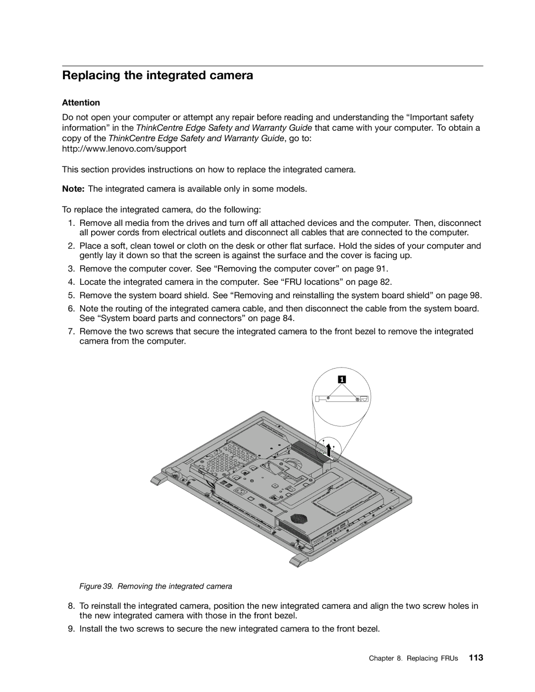 Lenovo 5068, 7567, 7558 manual Replacing the integrated camera, Removing the integrated camera 