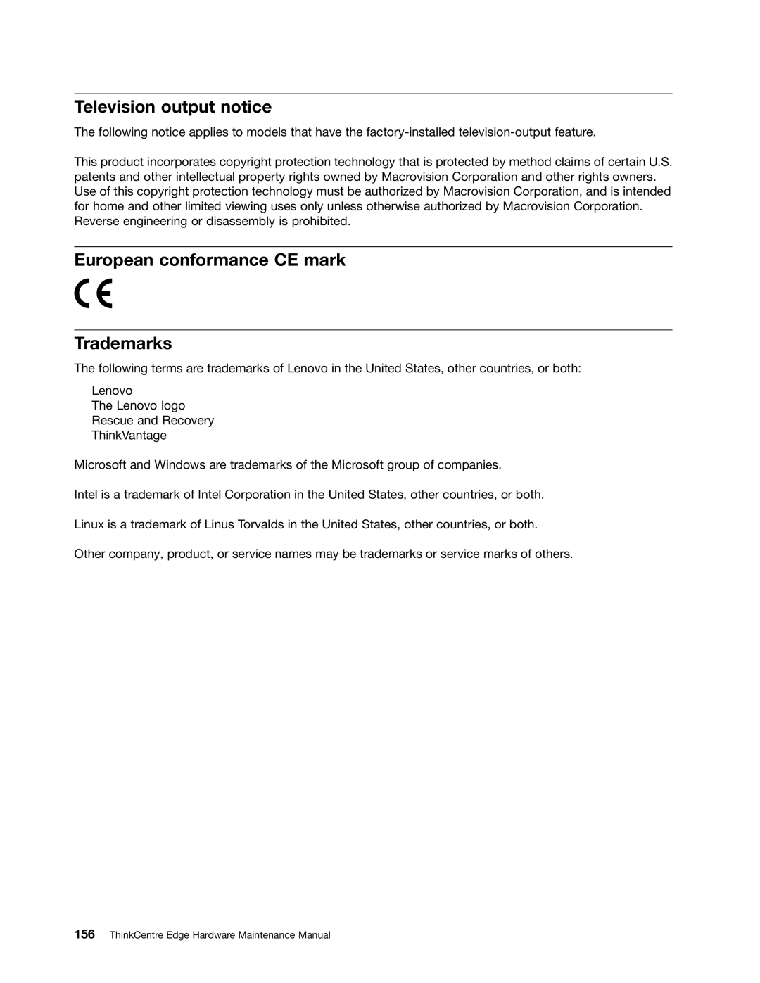 Lenovo 7567, 7558, 5068 manual Television output notice, European conformance CE mark Trademarks 