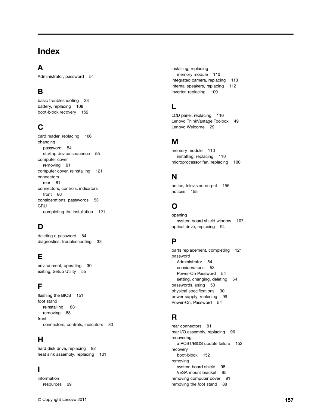 Lenovo 7558, 7567, 5068 manual Index, Cru 