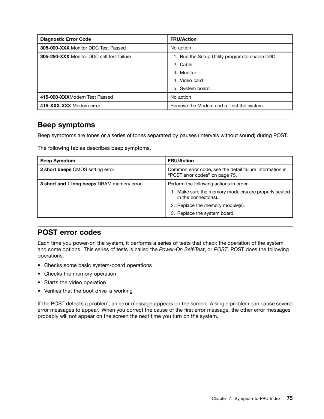 Lenovo 7567, 7558, 5068 manual Beep symptoms, Post error codes, XXX-XXX Modem error, Beep Symptom FRU/Action 