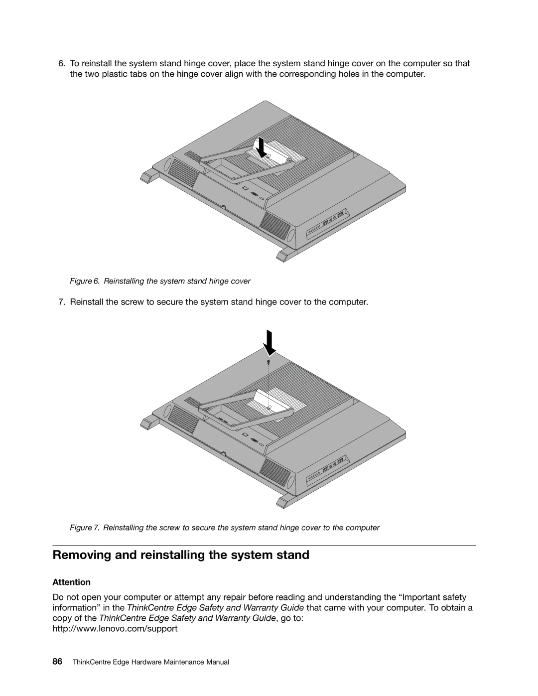 Lenovo 5068, 7567, 7558 manual Removing and reinstalling the system stand, Reinstalling the system stand hinge cover 