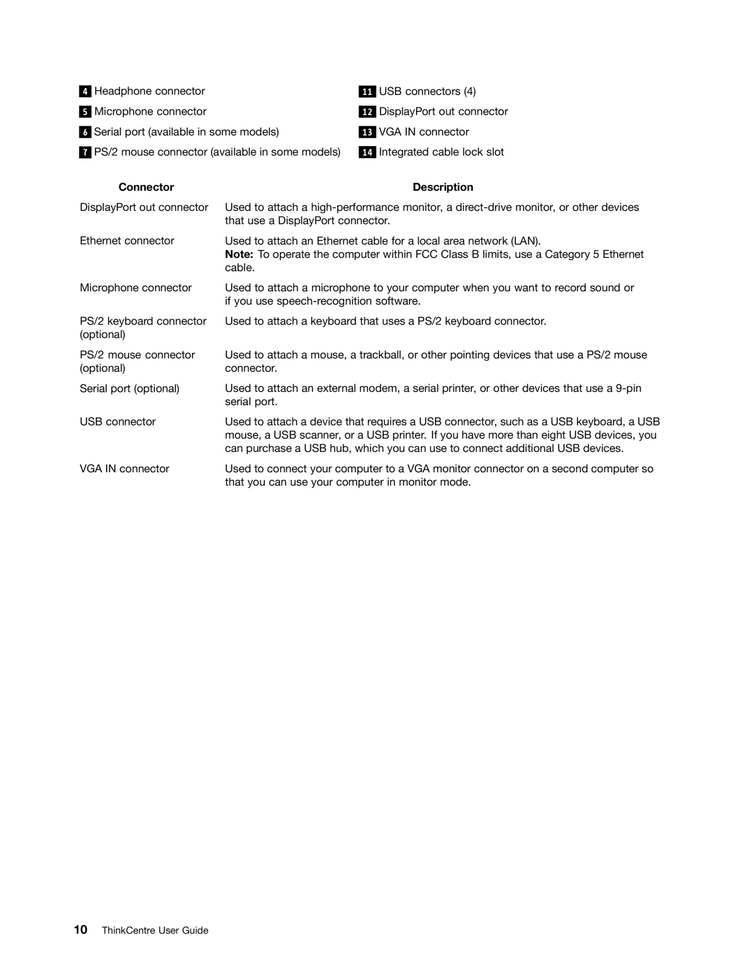 Lenovo 7594, 7595, 7577, 7597, 7598, 7584, 7589, 7570, 7578, 7580, 7583 manual Connector Description 