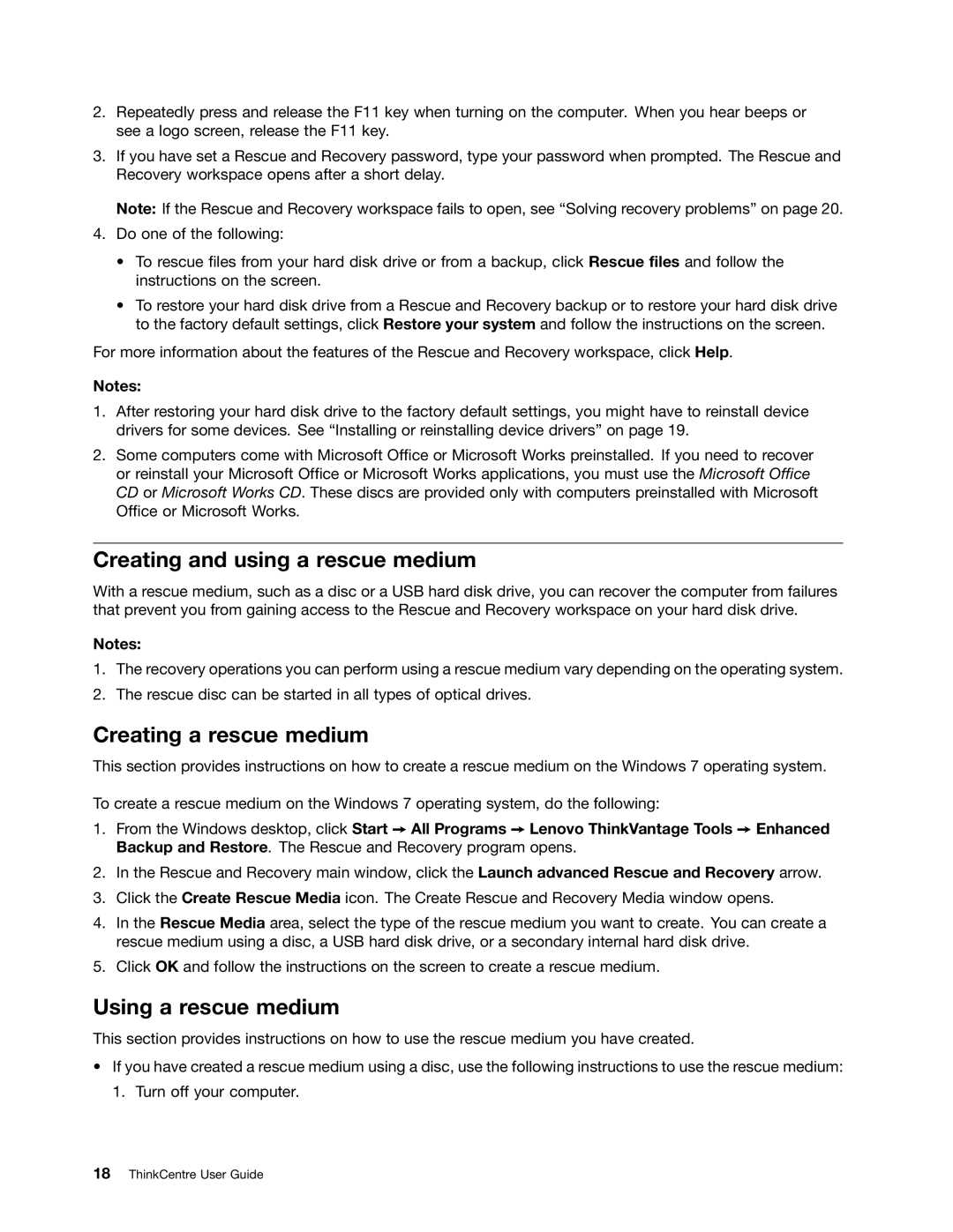 Lenovo 7584, 7595, 7577, 7597, 7598, 7589 Creating and using a rescue medium, Creating a rescue medium, Using a rescue medium 