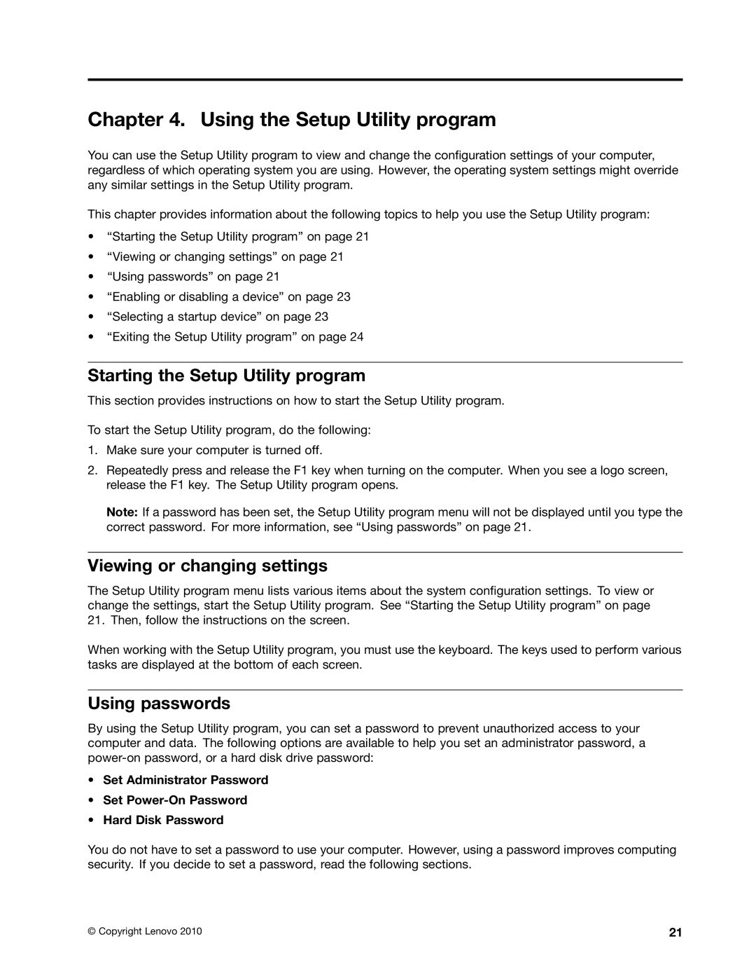 Lenovo 7594, 7595, 7577 Using the Setup Utility program, Starting the Setup Utility program, Viewing or changing settings 