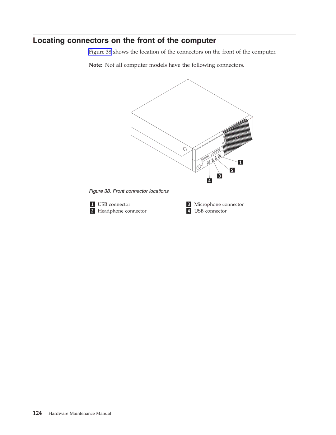 Lenovo 7719, 7721, 7715, 7774, 7706, 7749, 7799 Locating connectors on the front of the computer, Front connector locations 