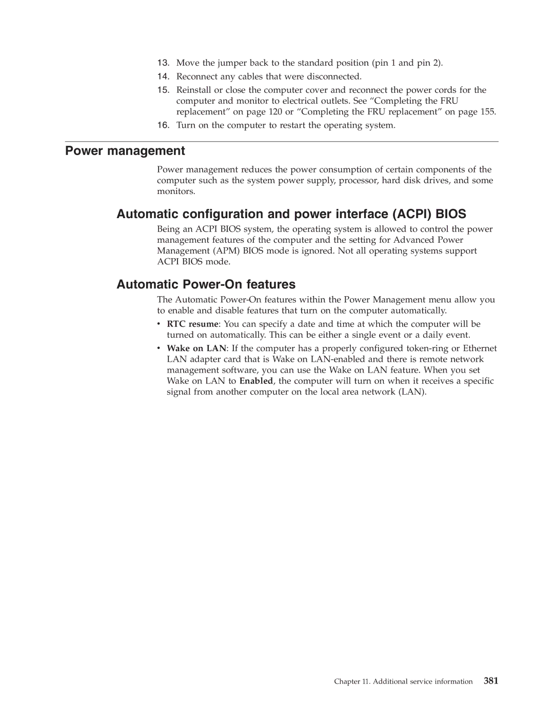 Lenovo 7717, 7721 Power management, Automatic configuration and power interface Acpi Bios, Automatic Power-On features 