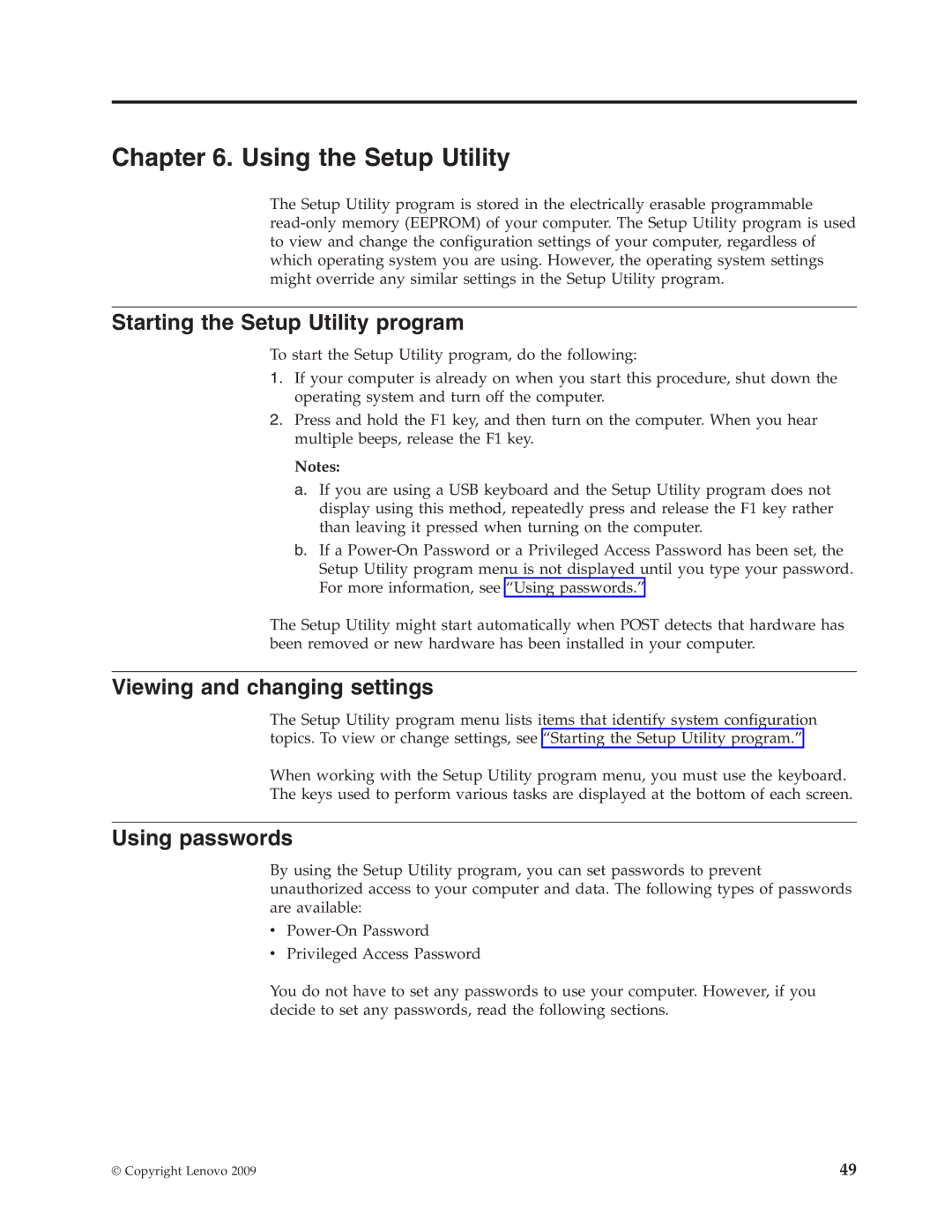 Lenovo 7715, 7721, 7774, 7706, 7719, 7749 Starting the Setup Utility program, Viewing and changing settings, Using passwords 