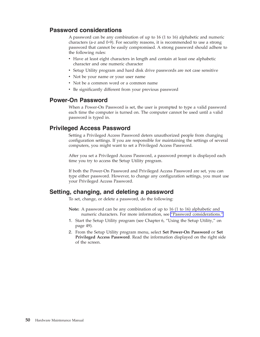 Lenovo 7774, 7721, 7715, 7706, 7719, 7749, 7799, 7773 Password considerations, Power-On Password, Privileged Access Password 