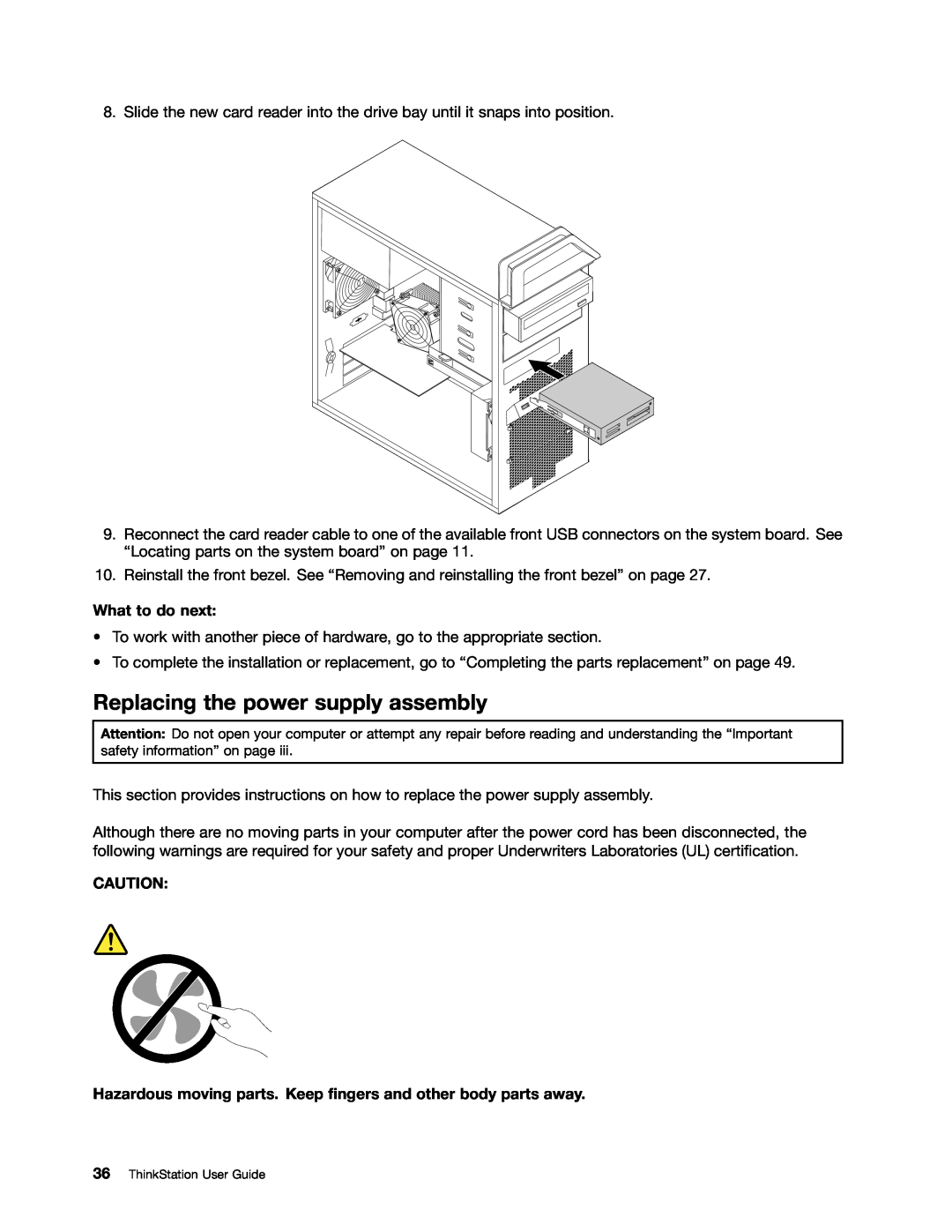 Lenovo 7824, 7782, 7823, 7783, 7821 manual Replacing the power supply assembly, What to do next, ThinkStation User Guide 
