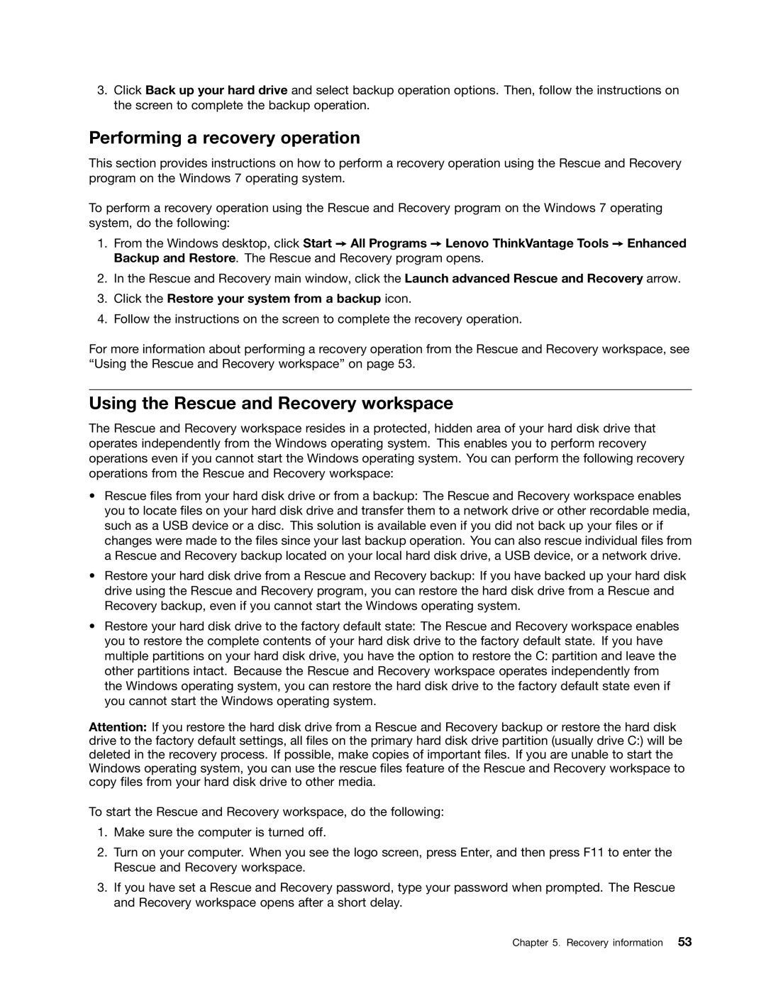Lenovo 7783, 7782, 7824, 7823, 7821 manual Performing a recovery operation, Using the Rescue and Recovery workspace 