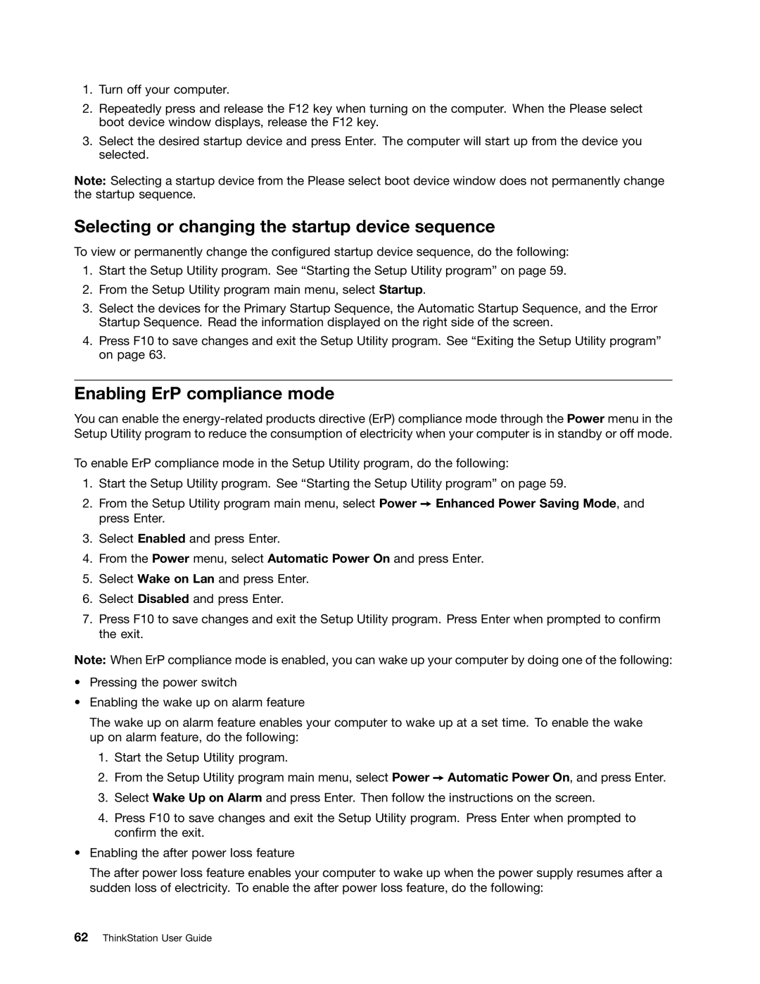 Lenovo 7823, 7782, 7824, 7783, 7821 manual Selecting or changing the startup device sequence, Enabling ErP compliance mode 