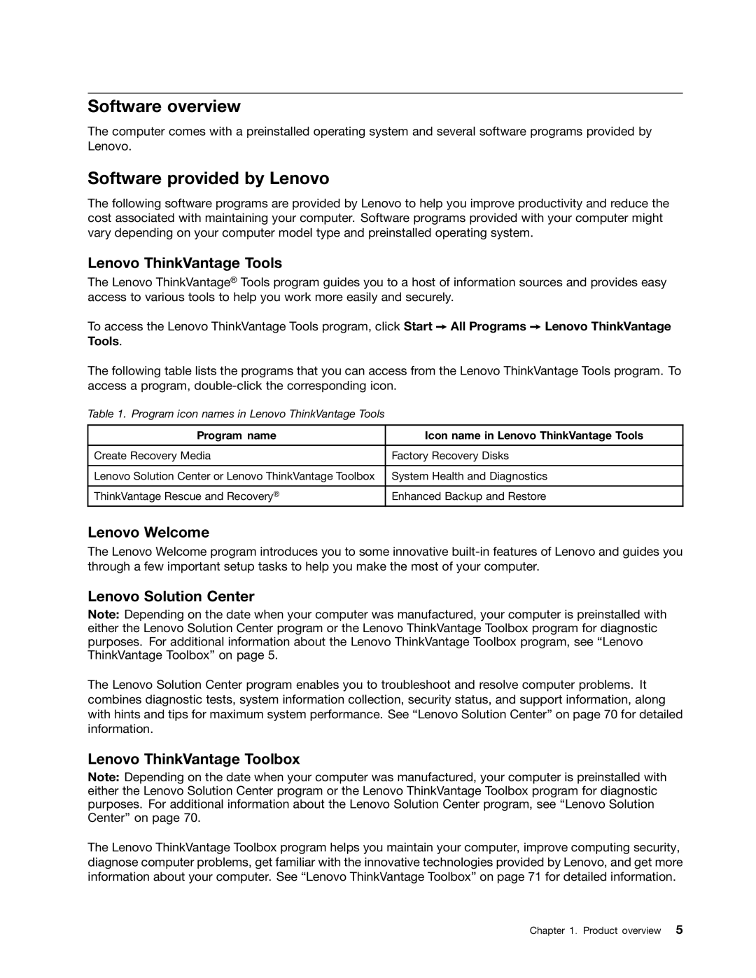 Lenovo 7782, 7824, 7823, 7783, 7821 manual Software overview, Software provided by Lenovo 