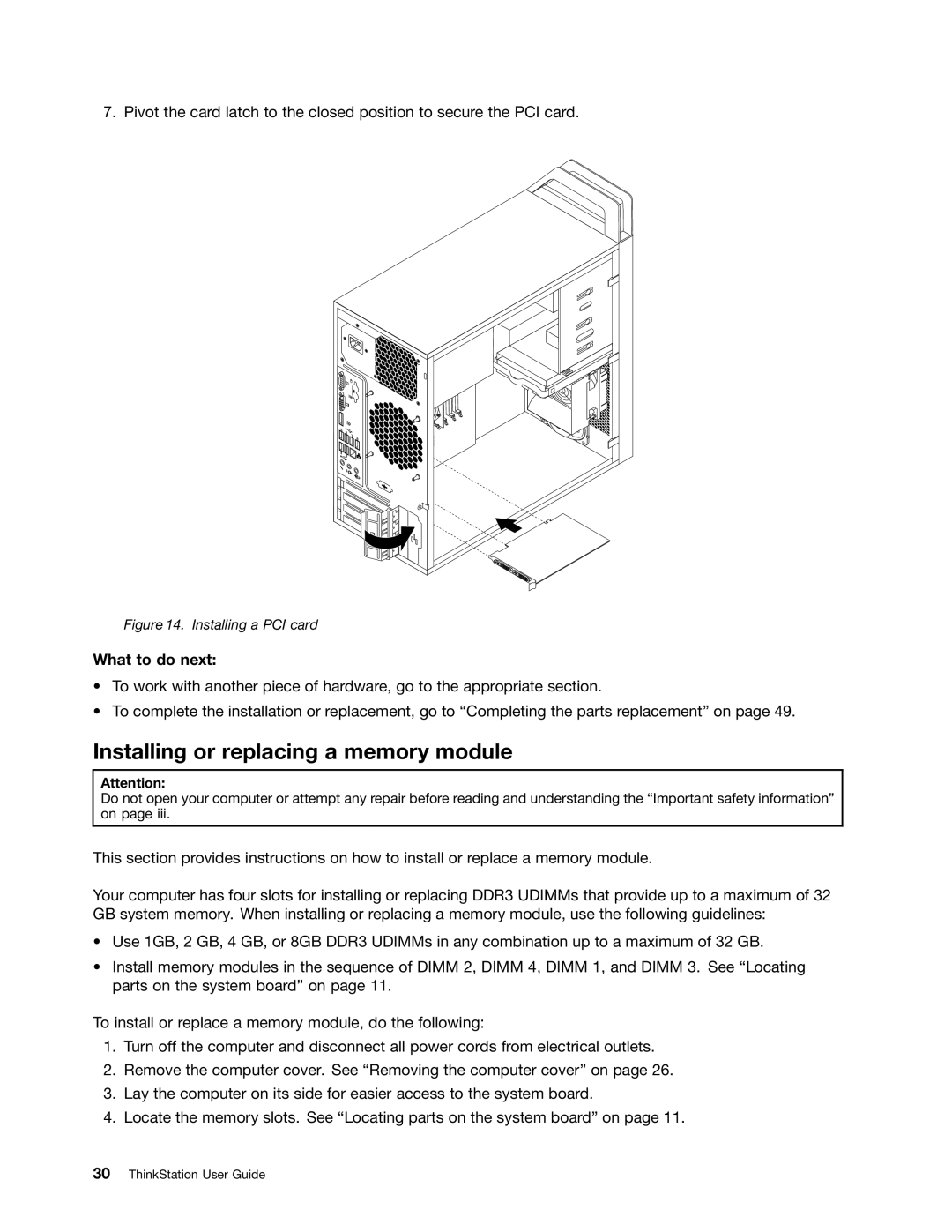 Lenovo 7782, 7824, 7823, 7783, 7821 manual Installing or replacing a memory module, Installing a PCI card 