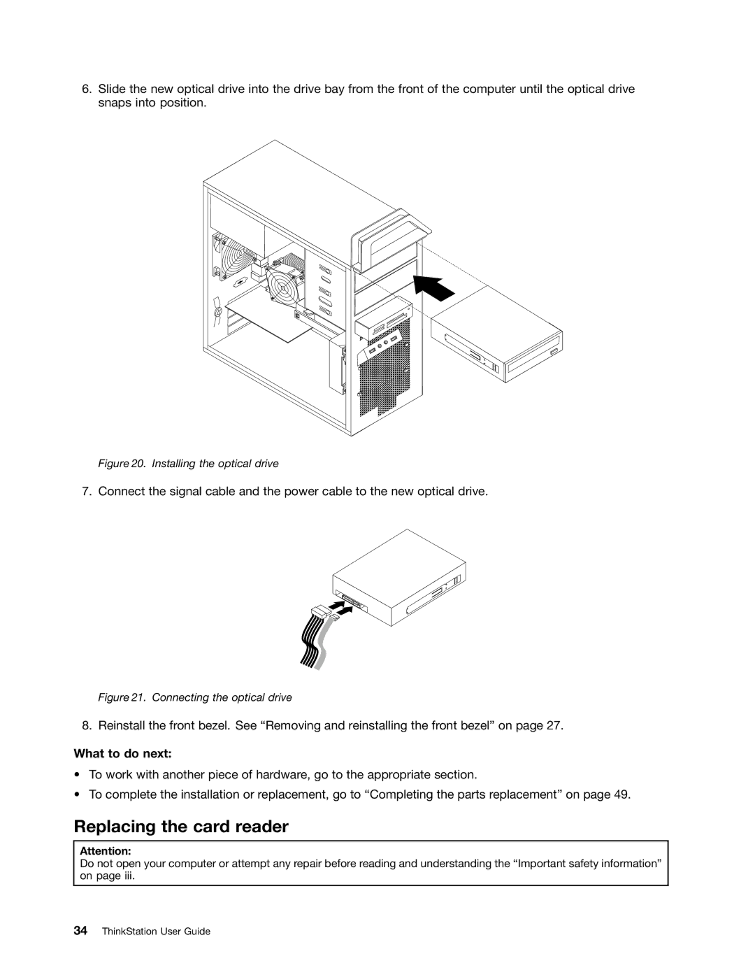 Lenovo 7821, 7782, 7824, 7823, 7783 manual Replacing the card reader, Installing the optical drive 