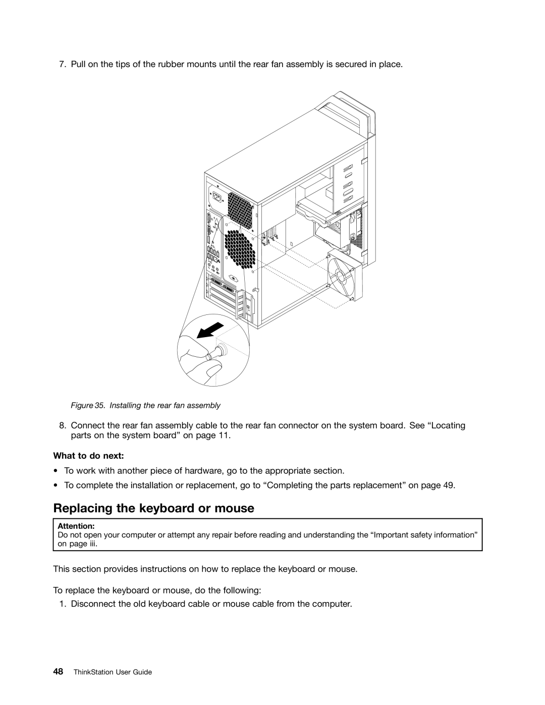 Lenovo 7783, 7782, 7824, 7823, 7821 manual Replacing the keyboard or mouse, Installing the rear fan assembly 