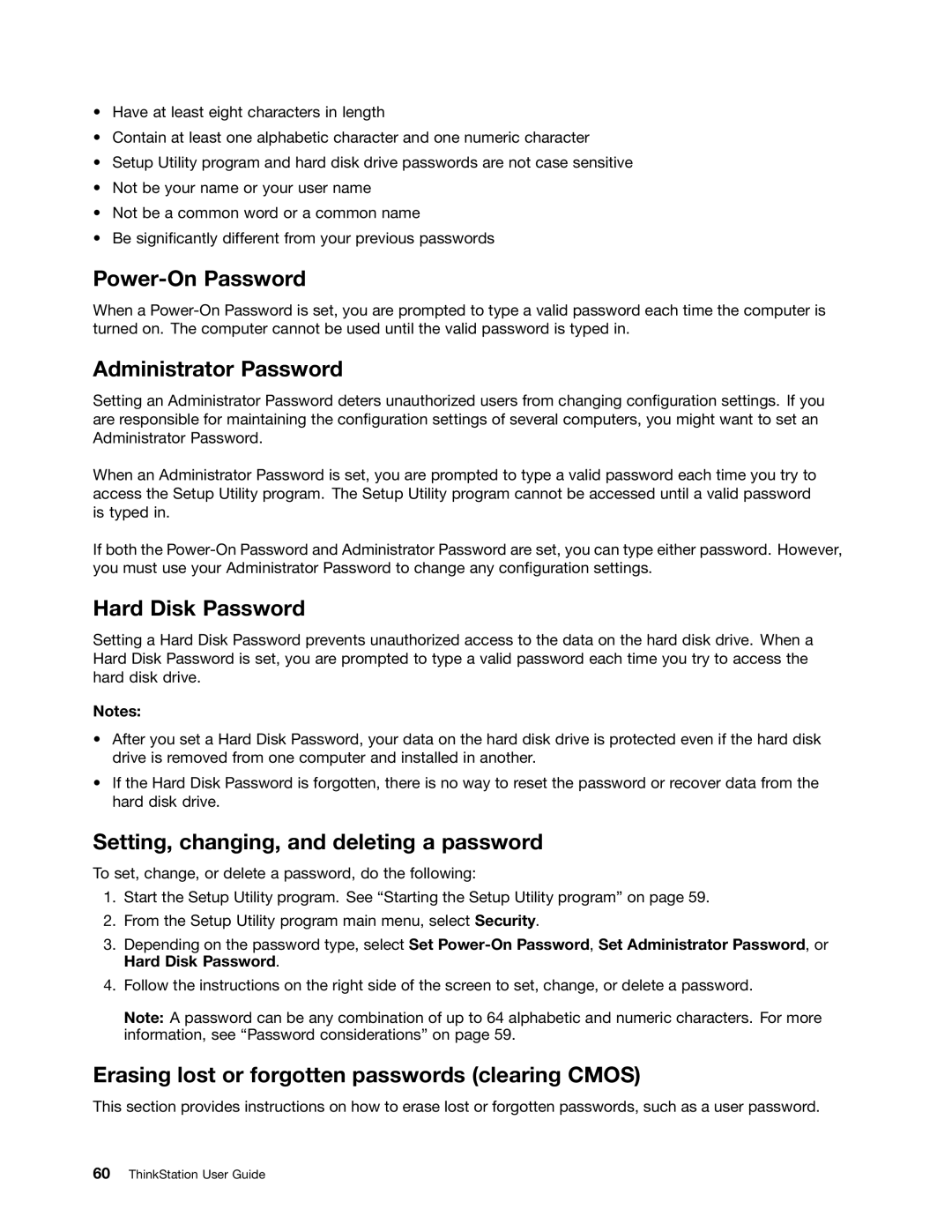 Lenovo 7782 Power-On Password, Administrator Password, Hard Disk Password, Setting, changing, and deleting a password 