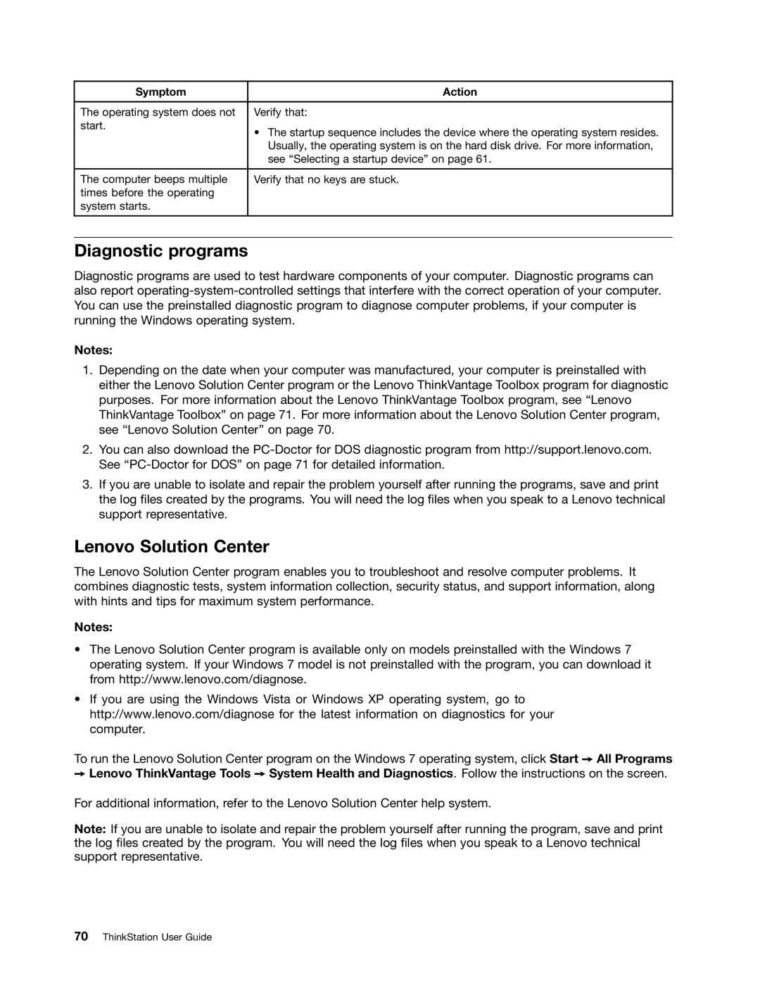 Lenovo 7782, 7824, 7823, 7783, 7821 manual Diagnostic programs, Lenovo Solution Center 