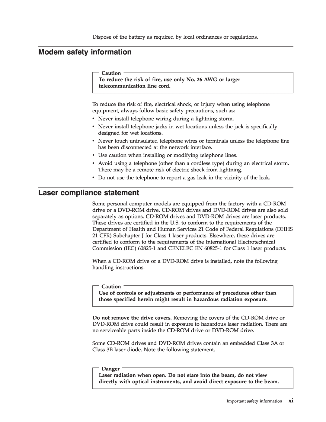 Lenovo 8812, 8009, 8795, 8791, 8807, 8803, 8799 manual Modem safety information, Laser compliance statement 