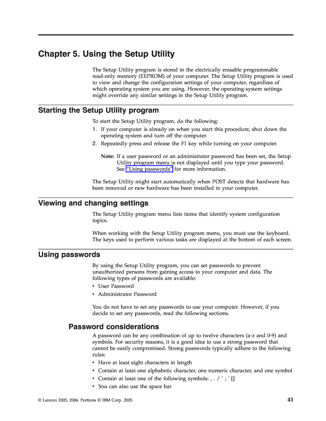 Lenovo 8795 Using the Setup Utility, Starting the Setup Utility program, Viewing and changing settings, Using passwords 