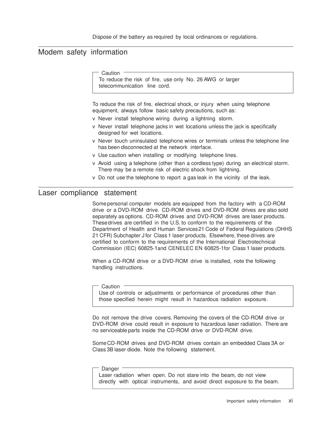 Lenovo 8812, 8009, 8795, 8791, 8807, 8803, 8799 manual Modem safety information, Laser compliance statement 