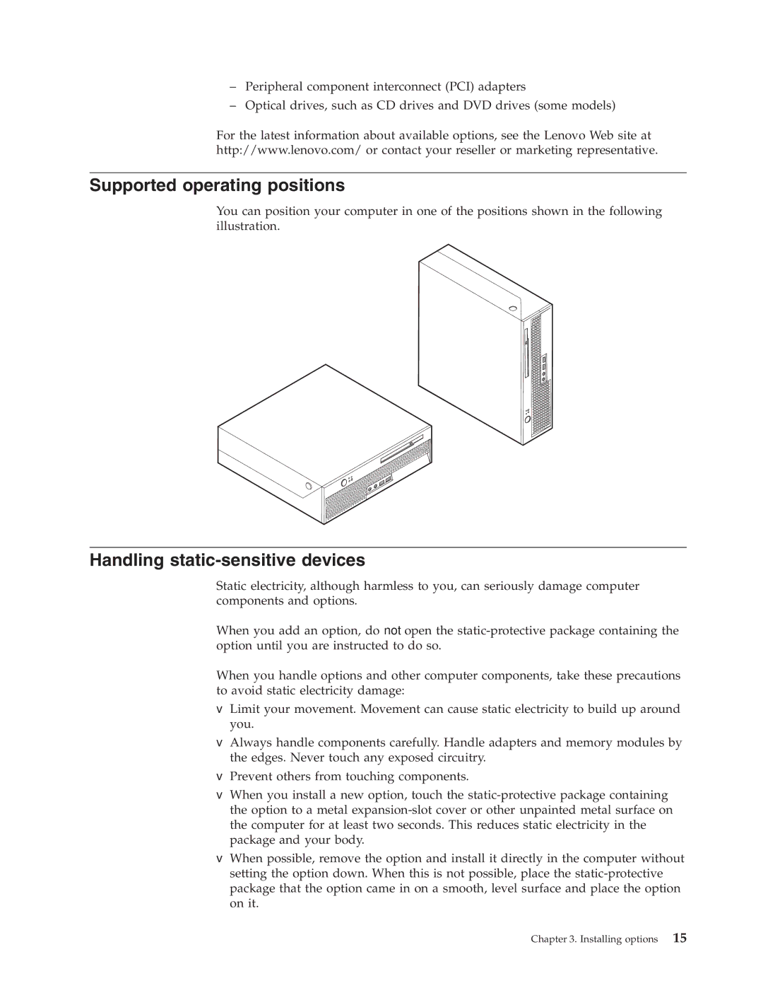 Lenovo 8807, 8009, 8795, 8791, 8803, 8799, 8812 manual Supported operating positions, Handling static-sensitive devices 