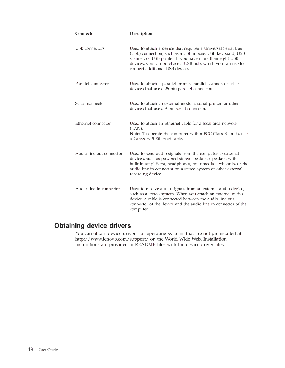 Lenovo 8812, 8009, 8795, 8791, 8807, 8803, 8799 manual Obtaining device drivers, Connector Description 