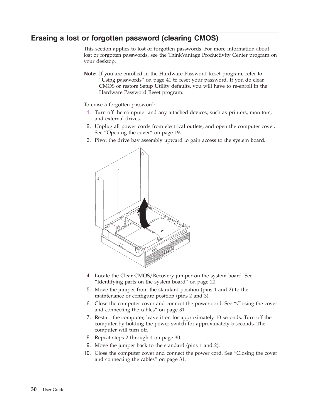 Lenovo 8803, 8009, 8795, 8791, 8807, 8799, 8812 manual Erasing a lost or forgotten password clearing Cmos 