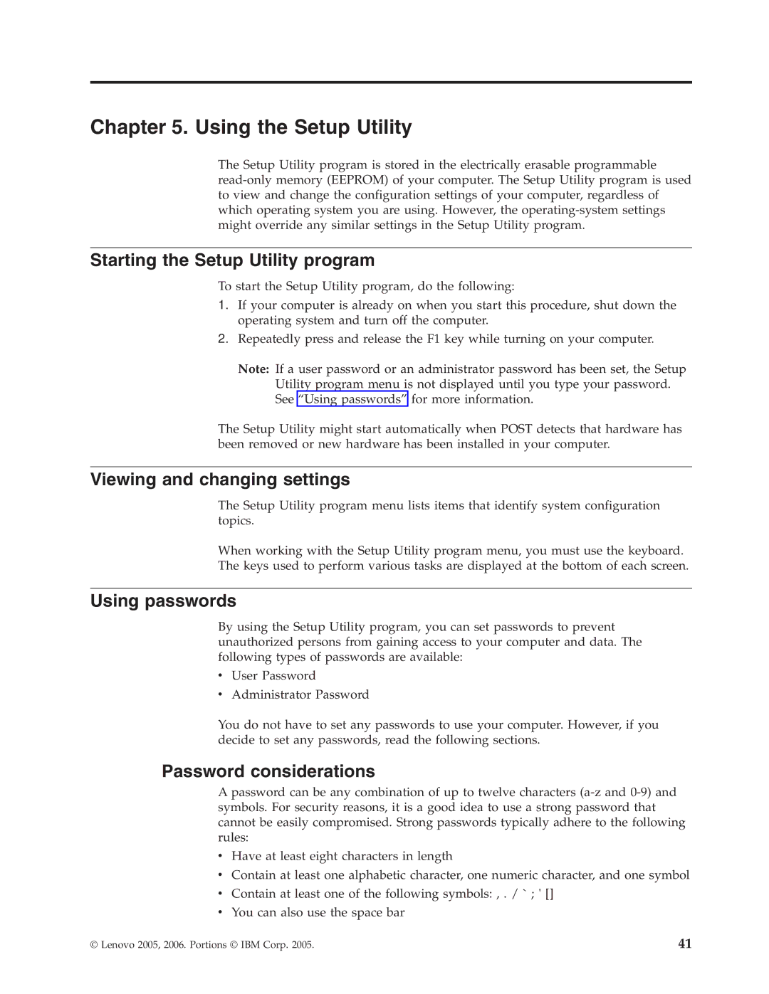 Lenovo 8795 Using the Setup Utility, Starting the Setup Utility program, Viewing and changing settings, Using passwords 